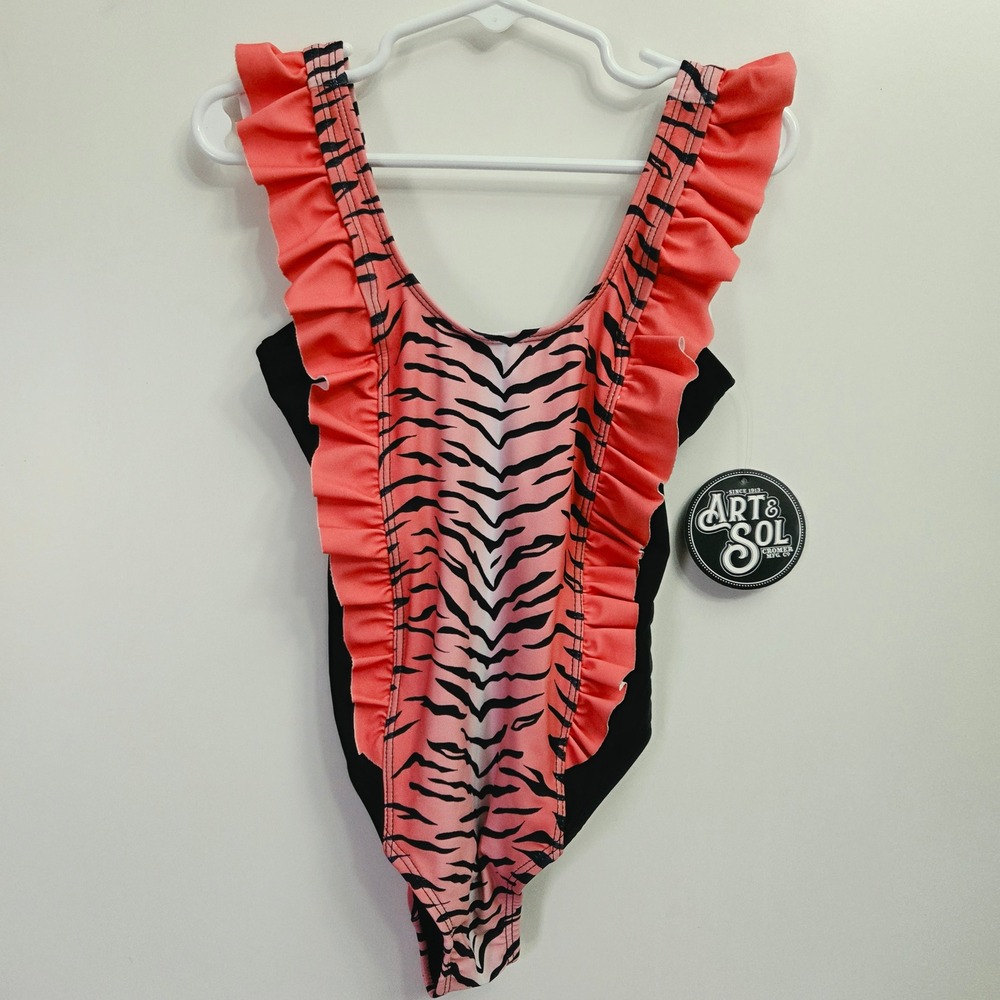 Art & Sol Girls Tiger Print One Piece Swimsuit Ruffle Trim Pink Black Size 6 NWT